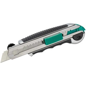 Coltello professionale Wolfcraft con lama a segmenti, 18 mm, corpo in metallo con dettagli verdi.