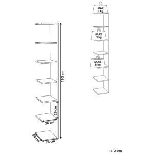 Diagramme technique de l'étagère murale Beliani Eston. Montre 6 étagères, dimensions 190x30x28 cm, charge 3 kg par étagère.