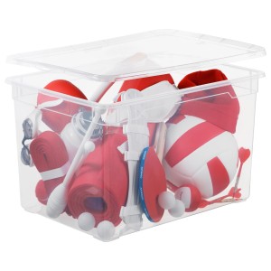Transparente Rotho Unterbettbox mit Rollen, gefüllt mit Sportartikeln. Praktische Aufbewahrungsbox.