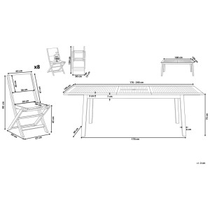 Dessin technique ensemble de jardin Beliani Cesana: table extensible en acacia, 8 chaises pliantes, dimensions.