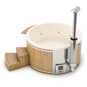 Bain nordique Finntherm Stockholm avec habillage en bois thermo, bain à remous, four et escalier.