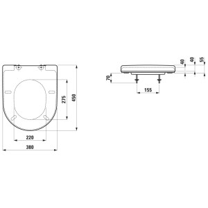 Disegno tecnico: Sedile WC Laufen Pro, duroplast, bianco, 45x38 cm, con dimensioni.