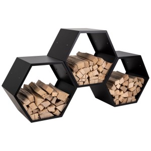 Range-bûches Nouvel Honeycomb noir en métal avec bois de chauffage, design hexagonal.