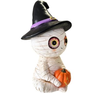 Figurine décorative LED Halloween momie (40,5 cm) avec chapeau de sorcière et citrouille. Yeux lumineux.