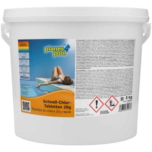 Seau de comprimés de chlore à dissolution rapide 20g pour désinfection de piscine.