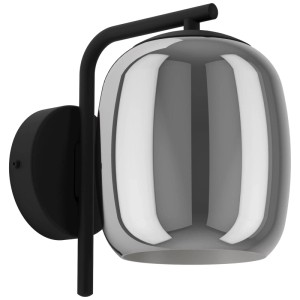 Applique murale moderne Eglo Ciampino avec abat-jour en verre gris transparent et cadre en acier noir.