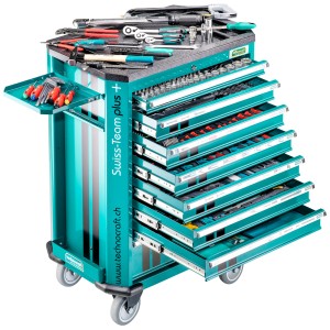 Servante d'atelier Technocraft Swiss Team Plus+ 743 pièces, 8 tiroirs, outils et accessoires.