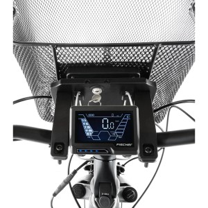 Cesto per E-Bike Fischer Plus, a maglia fine, nero, con supporto per manubrio.