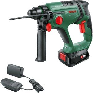 Tassellatore a batteria Bosch UniversalHammer 18V con batteria, caricabatterie e valigetta.