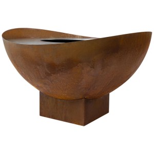 Brasero Wave Feu du Jardin aspect rouille, Ø 98 cm, en métal sur socle carré.