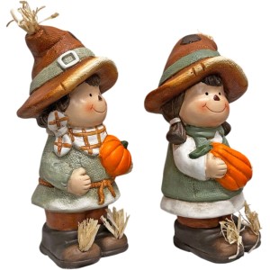 Figurines décoratives enfant avec citrouille, terre cuite, hauteur 22,5 cm. Décoration automnale pour buffet et rebord de fenêtre.