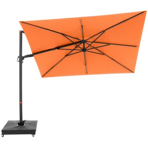 Orangefarbener Doppler Pendelschirm Ax myZone mit LED-Beleuchtung und schwarzem Gestell.