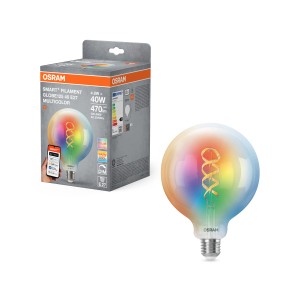 Lampadina LED Osram Matter E27 Globe, dimmerabile, con cambio colore e filamento, accanto alla confezione.