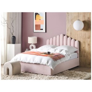 Rosa Samt Bett 140x200 cm mit Stauraum und muschelförmigem Kopfteil.