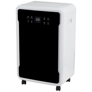 Déshumidificateur Sonnenkönig Secco 7000, déshumidificateur blanc avec écran digital et roulettes.