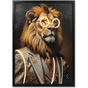 Tableau LED George Lion, multicolore, 52x72cm. Lion avec lunettes et costume encadré.