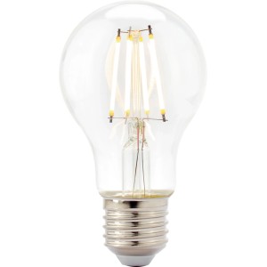 Lampadina LED E27 trasparente a globo con filamenti a luce bianca calda. 7W, ideale per ambienti.