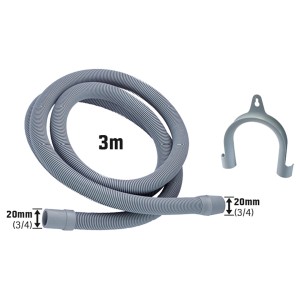 Tuyau d'évacuation gris de 3 m pour lave-linge/lave-vaisselle avec 2 connecteurs et support.