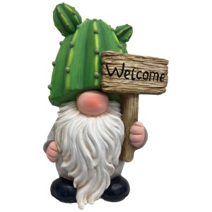 Dekofigur Wichtel Kaktus aus Magnesia, 39,5 cm hoch, mit "Welcome" Schild. Gartendeko für den Aussenbereich.