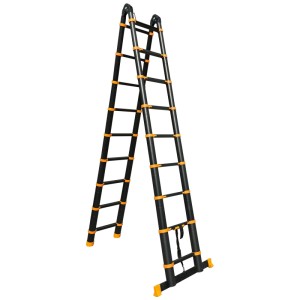Scala telescopica in alluminio nero/arancio Multi YY-MT560, 5,6 m, utilizzabile come scala a pioli o a cavalletto.