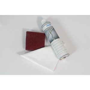 Edelstahl Pflege- und Reinigungsset mit Spray, Schleifkissen und Tüchern für Treppen & Geländer.