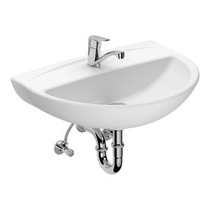 Lavabo baliv bianco 60 cm con rubinetto e sifone, sospeso.