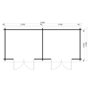 Pianta Alpholz casetta da giardino Maria Twin, tetto a una falda, 601x275 cm, spessore parete 40 mm