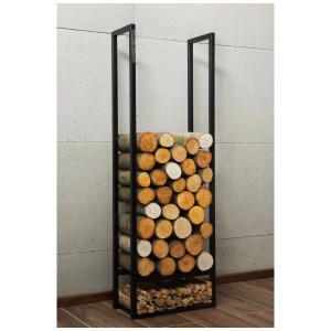 Range-bûches CookKing Atos noir (120x40x20cm) rempli de bûches et de petit bois.