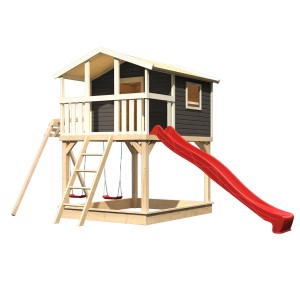 Karibu Maison sur pilotis Benjamin avec balançoire double et toboggan rouge, vue de face.