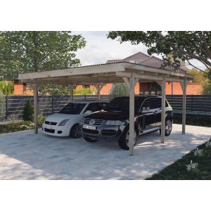 Doppio carport a tetto piatto Weka 616 in legno con due auto parcheggiate.