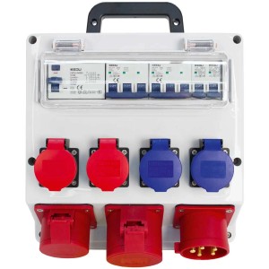 Steffen Distributeur de courant de chantier 32A IP55 : Boîtier de distribution avec fusibles et prises CEE rouges/bleues.