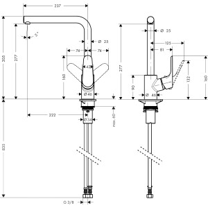 Disegno tecnico: Miscelatore cucina Hansgrohe Focus, 280mm, cromo, dimensioni e dettagli.