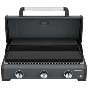 Campingaz Plancha Sigma 3 Cook grill a gas, acciaio, nero con coperchio aperto.