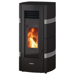 Poêle à granulés Justus Sia, acier noir-gris, 8 kW, avec flamme visible.