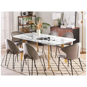 Table de salle à manger extensible Mosby avec plateau en marbre blanc et pieds dorés, 6 couverts.