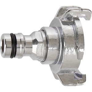 Raccord de transition Geka plus avec griffe et fiche, argenté, pour systèmes de tuyaux et d'enfichage.