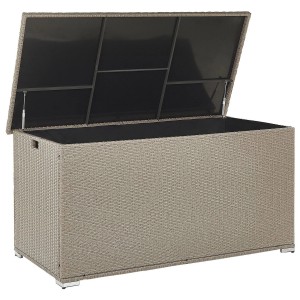 Coffre de rangement pour coussins Modena en rotin taupe ouvert, 80x155x75 cm, pour coussins de meubles de jardin.