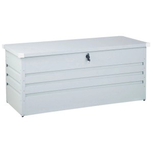 Helle, graue Beliani Auflagenbox Cebrosa aus Stahl, 64x132x62 cm.