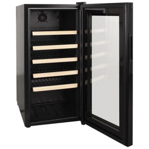 Kibernetik Weinkühlschrank Schwarz, 88 l, mit offener Glastür und fünf Holzregalen.