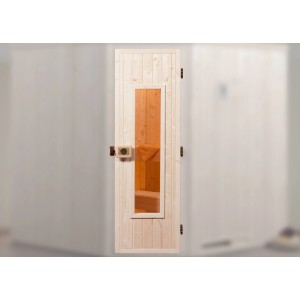 Porte de sauna Weka en bois massif avec insert en verre, cadre et poignée inclus.