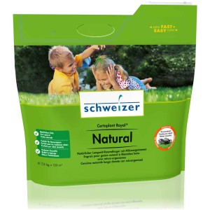 Certoplant Royal Natural fertilizzante per prato a lenta cessione, confezione da 7,5 kg con bambini che giocano sullo sfondo.