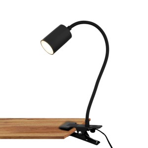 Lampe à pince LED Briloner FLEKS noire avec col de cygne fixée à une table.