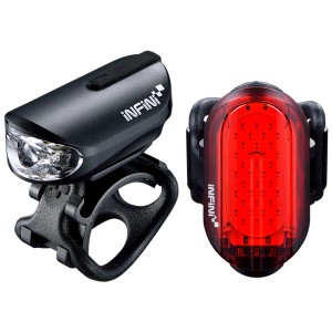 Kit d'éclairage vélo LED Infini Olley, noir, avec lumière avant et arrière.