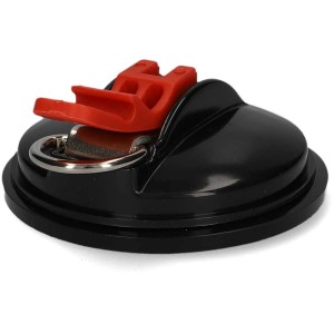 Gancio a ventosa nero con leva rossa e ganci a S per campeggio, carico max 10 kg.