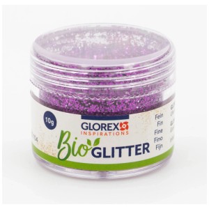 Glorex Bio-Glitter fin, violet, 10g dans un récipient transparent.