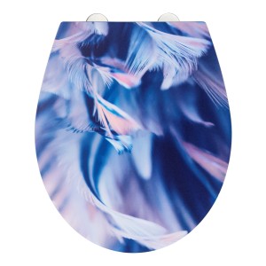 Wenko Sedile WC Softness in Duroplast con motivo piume blu e bianche.