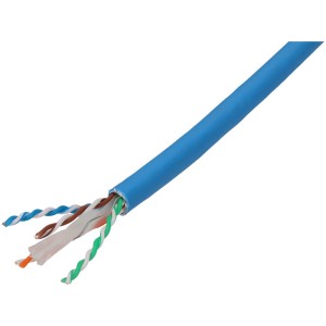 Câble d'installation CAT 6 bleu pour pièces humides, vendu au mètre avec fils exposés.
