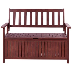 Banc de jardin rouge foncé Sovana en acacia avec espace de rangement sous l'assise. Idéal pour le jardin et la terrasse.