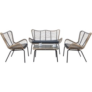 Salon de jardin Acamp Korfu, 4 pièces, noir et bambou, avec table et coussins.