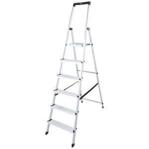 Scala a gradini Solidy argentata con 6 gradini, barra di sicurezza e gradini antiscivolo per una presa sicura.